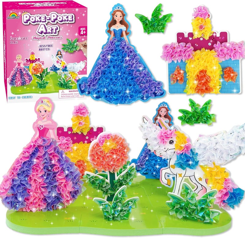 AGENTLAN Poke Art Princess Kit for Kids, DIY Craft Kits with Magical Princesses & Unicorn, Mess-Free Fabric Arts and Crafts, Fun & Easy Kits for Kids, Birthday Gifts for Ages 4 5 6 7 8+ - Image 1